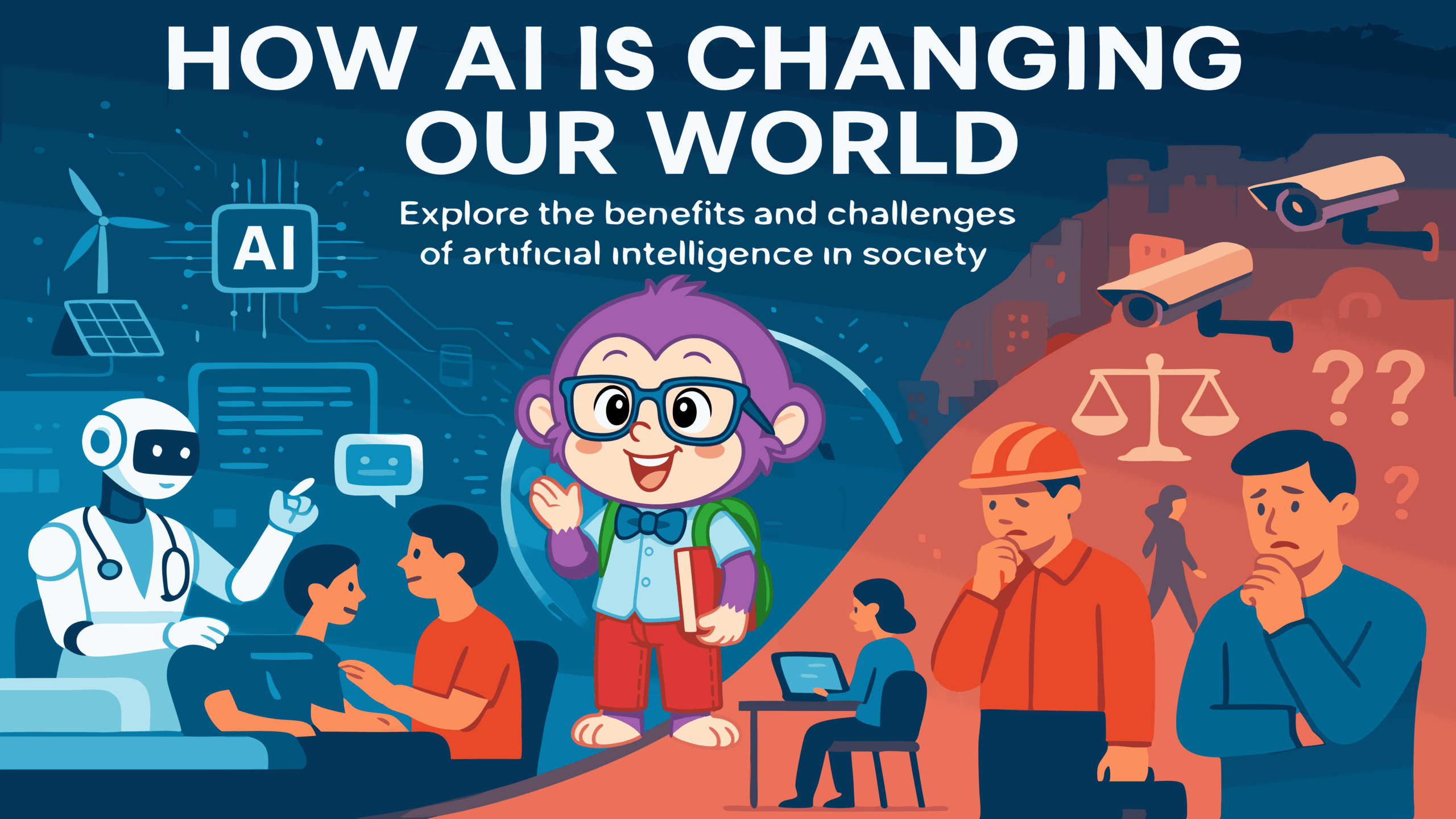 AI's Footprint - Society's Benefits and Challenges illustration