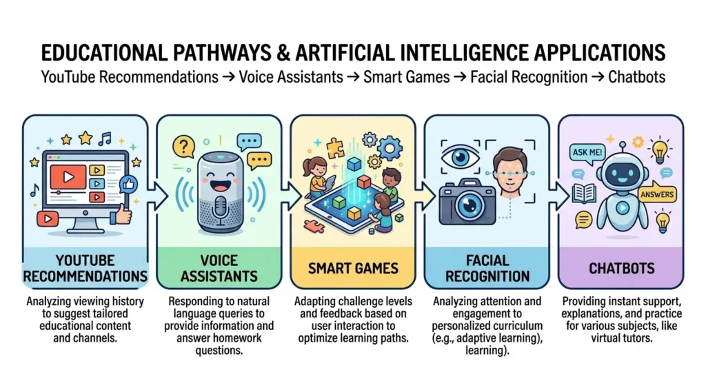 Infographic showing AI education pathway from YouTube recommendations to chatbots