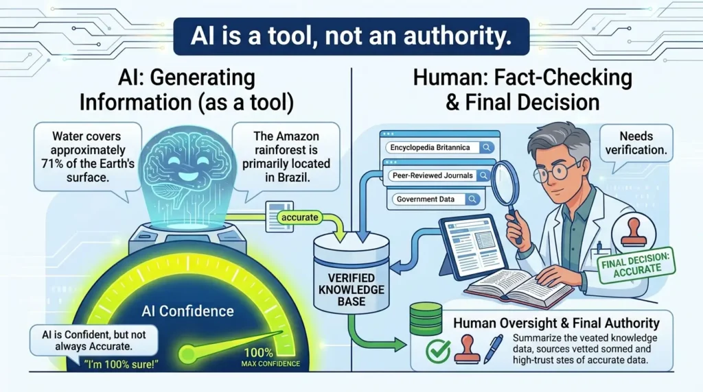 AI is a tool, not an authority — human researcher fact-checking AI output against verified sources.