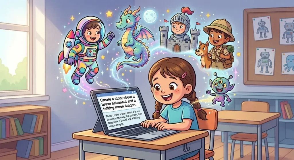 Young girl typing a story prompt on tablet with astronaut and dragon illustrations above her