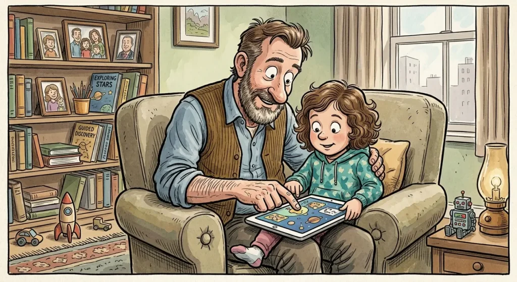 llustrated father sitting in an armchair with his young daughter on his lap, pointing together at a tablet showing a colorful space-themed learning app, surrounded by books, toy rockets, and a toy robot in a cozy home library setting.