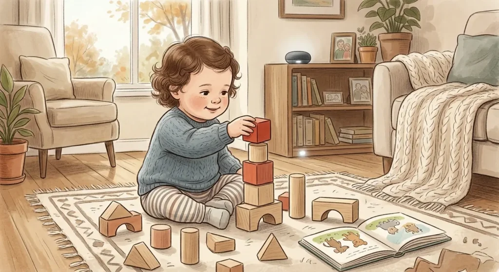 Illustrated toddler with curly brown hair sitting on a rug, stacking wooden blocks and reading a picture book, with a smart speaker glowing softly on a bookshelf in the background of a cozy, sunlit living room.