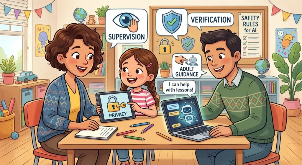 Parents guiding child through privacy and safety rules while using AI chatbot on laptop