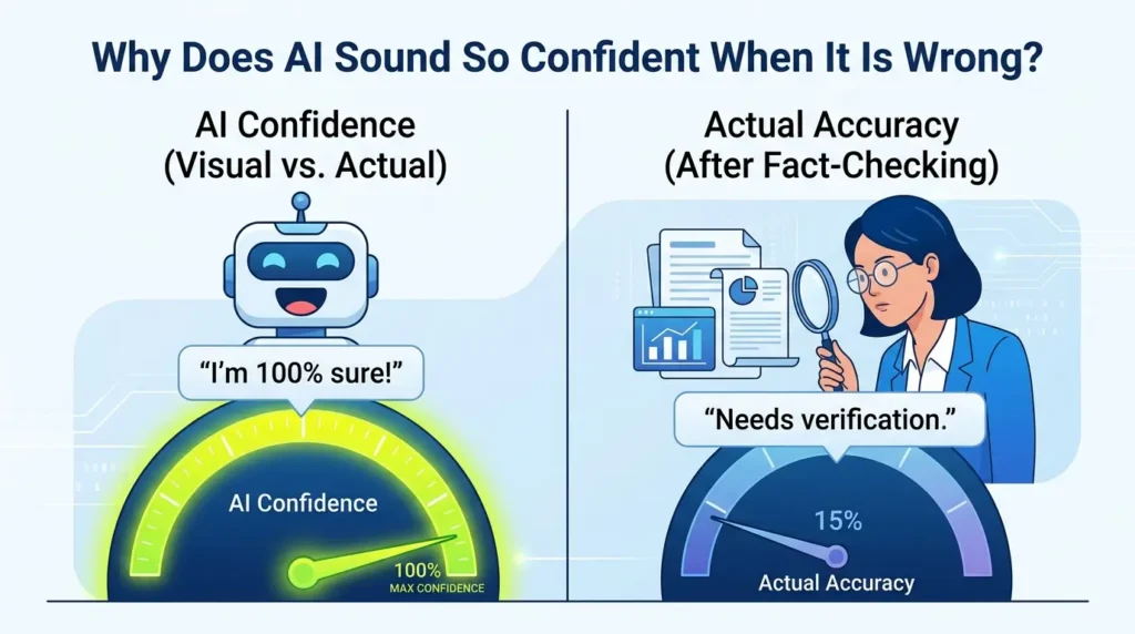 Why does AI sound so confident when it is wrong? Gauge comparing 100% AI confidence to 15% actual accuracy